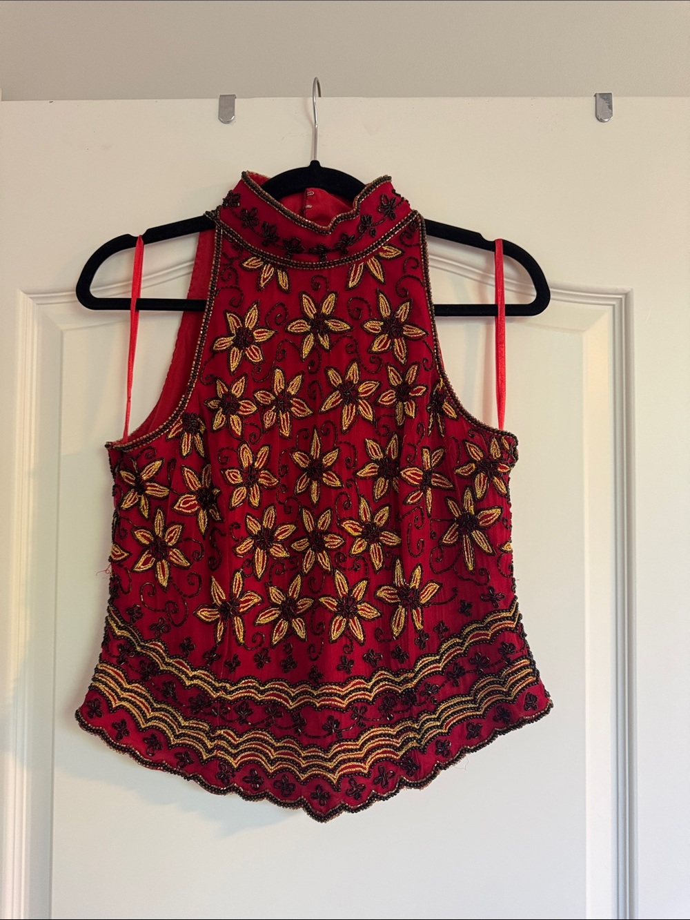 Papell Boutique Red Beaded Floral Halter Camisole